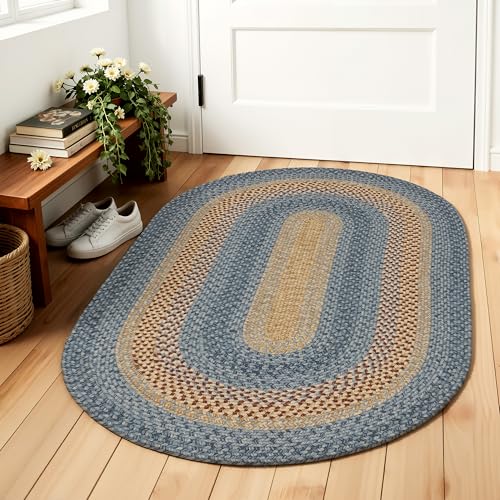 Oval Braided Area Rug 3x5 ft Farmhouse Kitchen Mat Natural Rust Blue