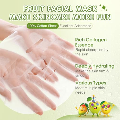 Kids Fruit Collagen Face Masks Set - 56 Pack with Cartoon Fruit Design for Teens & Girls - Skincare & Moisturizing