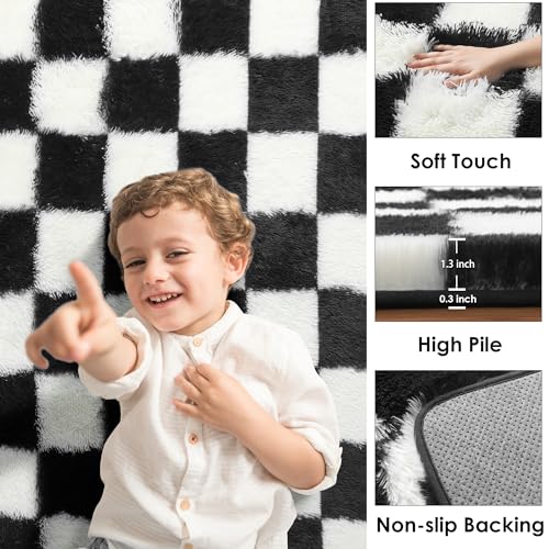8x10 Black and White Checkered Shag Area Rug - Large Fluffy Plush Carpet for Living Room & Bedroom - Non-Slip Fuzzy Fuzzy Fuzzy Rug for Kids & Home Decor