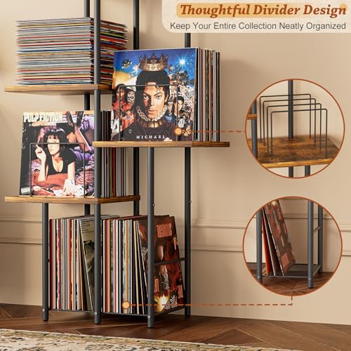 Black & Rustic Brown Vinyl Record Player Stand with Storage Shelves & Display - Mid Century Modern Tall Console