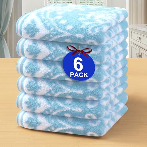 Cotton Wash Cloths Set - 6 Pieces 13x13 Inches Quick Dry Soft Absorbent Damask Pattern Aqua & White