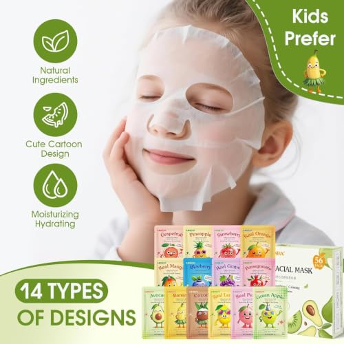 Kids Fruit Collagen Face Masks Set - 56 Pack with Cartoon Fruit Design for Teens & Girls - Skincare & Moisturizing