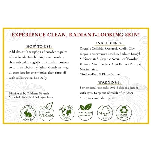 Natural Face Wash Powder?Waterless Cleanser for Acne-Prone, Oily, Sensitive Skin?Cruelty-Free, Plant-Based, Preservative-Free?Gently Exfoliates with Organic Neem & Niacinamide, 2oz