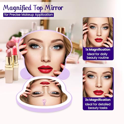 Purple Care Bears Share Bear LED Compact Mirror - 3X Magnification Travel Lighted Makeup Mirror with Adjustable Brightness and Touch Sensor