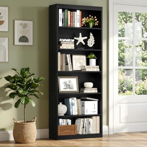 Shintenchi 6-Tier Tall Bookcase in Black, 23.6"W x 9.3"D x 70.9"H, Modern Industrial Shelving
