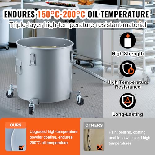 10 Gallon Fryer Grease Bucket - Silver Gray Oil Disposal Container with Filter & Lock Clips