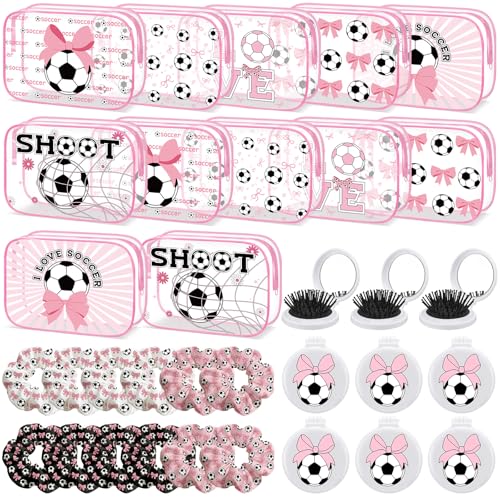 Pink Bow Soccer Gifts Set for Girls – Makeup Bag, Hair Scrunchies & Folding Brush – Sports Party Favors