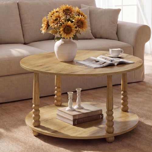 VASAGLE Natural Brown 2-Tier Round Coffee Table with Storage & Wooden Legs