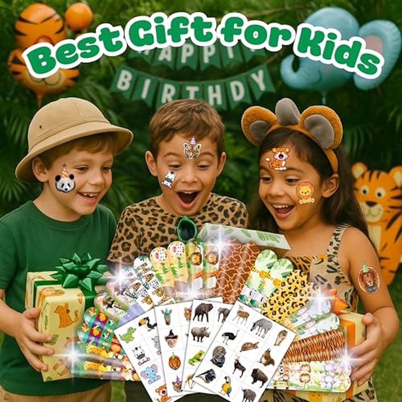 72PCS Jungle Party Set - 48PCS Temporary Tattoos & 24PCS Slap Bracelets Safari Themed Birthday Supplies, Baby Shower Gifts, Classroom Rewards & Party Decor for Kids (Boys & Girls)