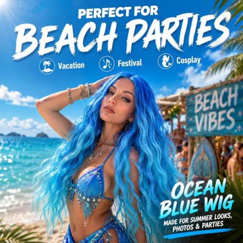 BUPPLER Blue Long Wavy Cosplay Wig 28 Inch Middle Part Synthetic Hair for Women