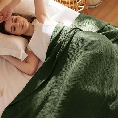 King Size Cotton Muslin Blanket - 4-Layer Olive Green Bed Cover - Bedsure