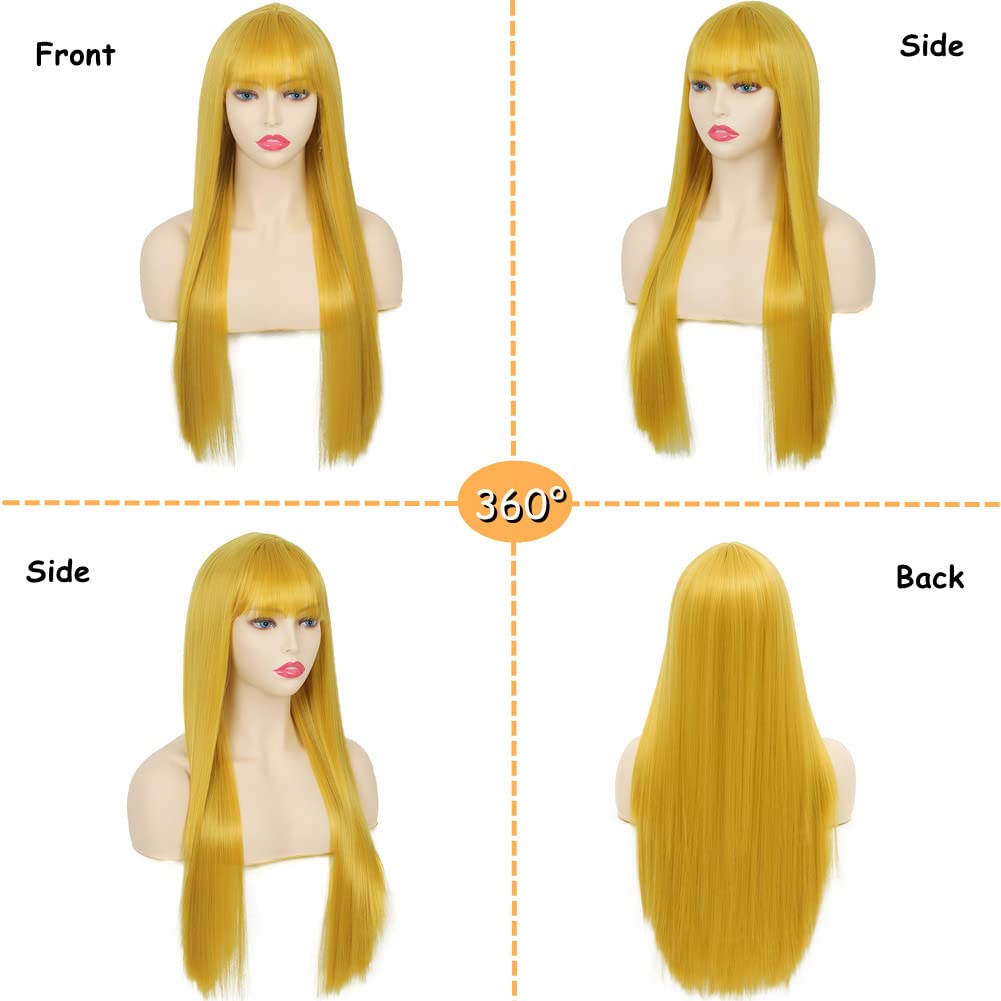 Tseses Yellow Long Straight Wig with Bangs for Women Cosplay Halloween Party Daily Hair Wigs Heat Resistant Synthetic Halloween Wig