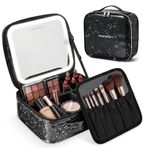 Fanwoli Sparkling Black Makeup Bag with Detachable 4K LED Mirror - 3 Light Modes