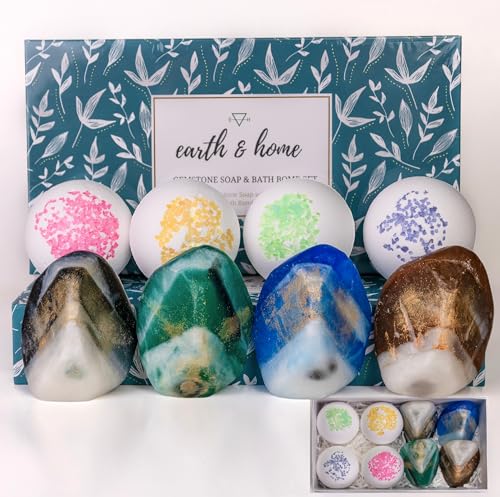 Gemstone Soap & Bath Bomb Set - Relaxing Spa Gift for Women - Earth & Home - 4 Decorative Rock Soaps with Crystals & 4 Fizzing Bath Bombs - Natural Ingredients & Essential Oils