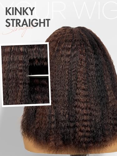 Kinky Straight Half Wig with V Part - 16 Inch Brown Layered Synthetic Wig - Highlight Brown Variation