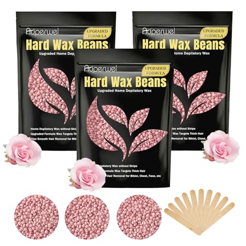 Painless Hard Wax Beans for Hair Removal, 10.5oz Upgraded Formula for Face, Eyebrow, Brazilian Bikini with 10 Applicators (3 Rose)