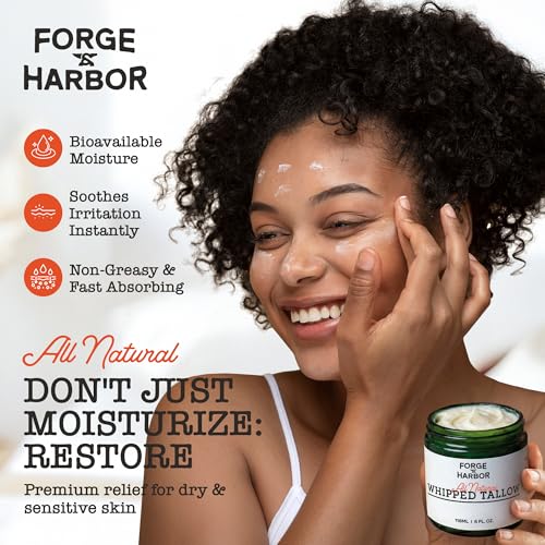 Forge & Harbor Grass-Fed Whipped Tallow & Honey Balm ? Deep Moisture Face & Body Cream with Manuka Honey, Vitamin E, Rosehip | For Rosacea, Eczema, Dry, Wrinkles & Sensitive Skin (4oz)