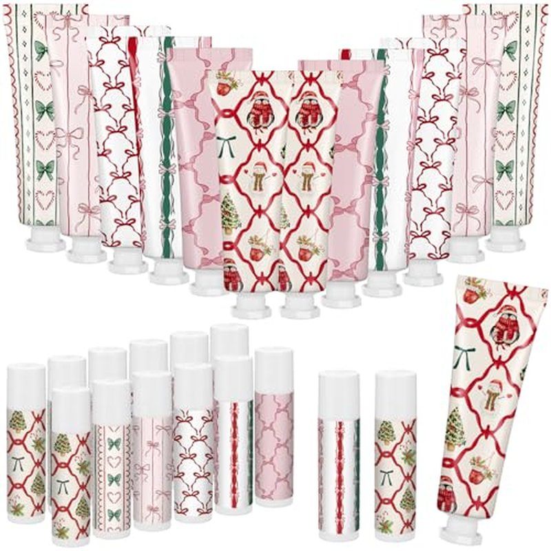 24 Pcs 12 Sets Valentine's Day Hand Cream and Lip Balm Bulk Gift Set, 6 Scents Coquette Bow Valentine's Day Travel Size Hand Lotion Lip Care Gift for Women Staff Coworkers