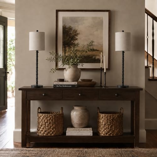 Buffet Lamps Set of 2 - 30-Inch Tall Table Lamps with Metal Bases & Linen Shades - Matte Black, UL Certified