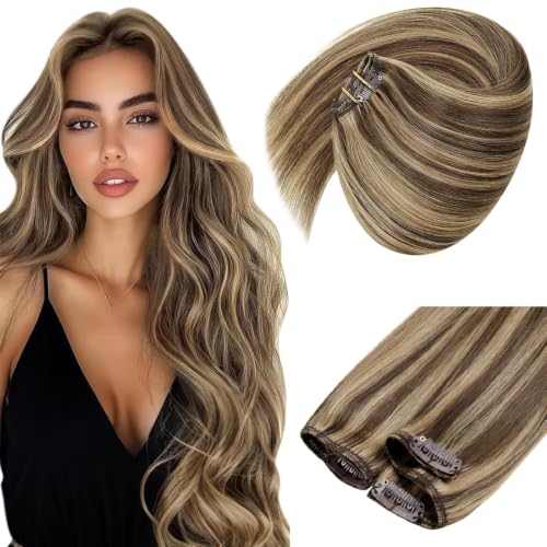 Sunny Hair Clip-In Human Hair Extensions 12 Inch Chocolate Brown Highlights P4/27