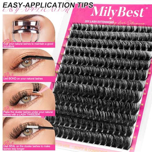 MilyBest Lash Clusters Kit Wispy, 10-18mm Fluffy Volume 100D Eyelash Clusters D Curl - Reusable DIY Lash Extension Kit for Beginners, Thick Cluster Eyelash Extensions with Bond and Seal Tweezers