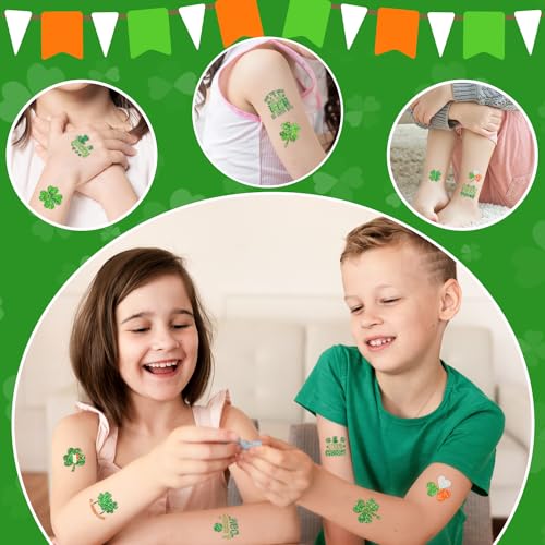 Partywind 204 PCS Glitter Shamrock Tattoos for St Patrick's Day, Individually Wrapped Cut Tattoo Stickers for Saint Patrick's Day Decorations Party Supplies, Irish Clover Accessories for Kids Adults