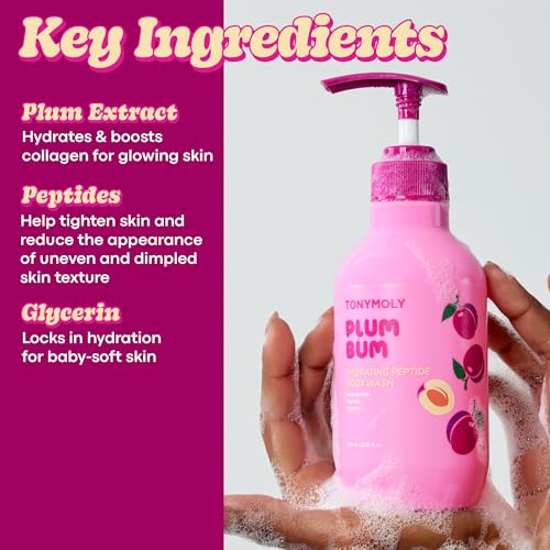 TONYMOLY Plum Bum Peptide Hydrating Body Wash ? Moisturizing & Nourishing Cleanser with Plum Extract, Peptides & Glycerin ? Gentle Korean Body Wash for Soft, Smooth, Radiant Skin, 13.5 fl oz