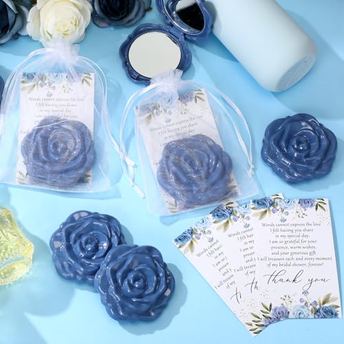 Blue Bridal Shower Favors Set - 50 Rose Compact Mirrors, Thank You Cards & Organza Bags - Variation of THIS listing