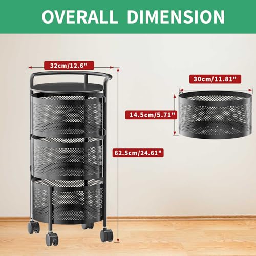 3-Tier Rotating Kitchen Storage Cart with Wheels - Space Saving Fruit & Vegetable Organizer, Black Variation