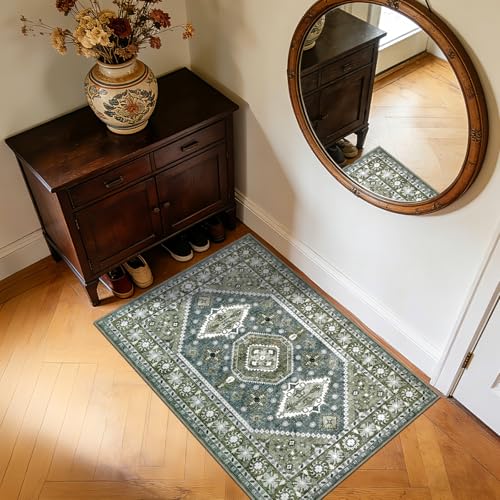 Washable Rug 2x3 Feet Vintage Distressed Living Room Bedroom Floor Carpet with Non-Slip Rubber Back