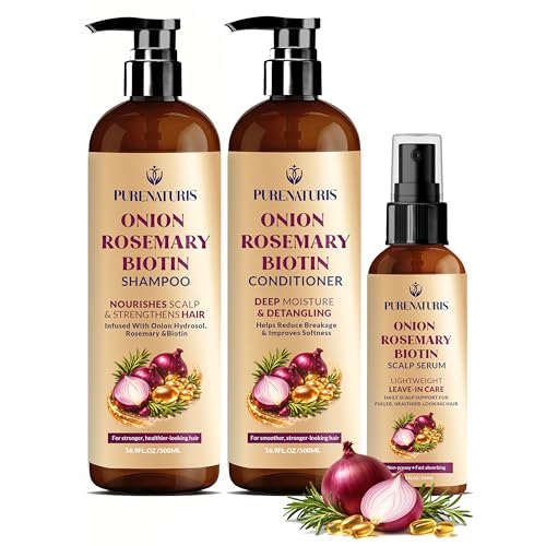 PureNaturis Onion Rosemary Biotin Hair Care Set - Sulfate-Free Shampoo, Conditioner & Serum for Stronger, Thicker Hair