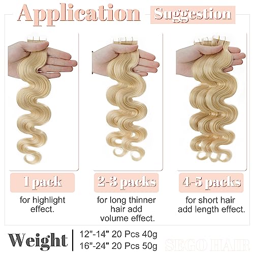 SEGO Wavy Tape-In Hair Extensions 14 Inch Blonde Remy Human Hair 20pcs - Body Wave, Bleach Blonde Variation #0613