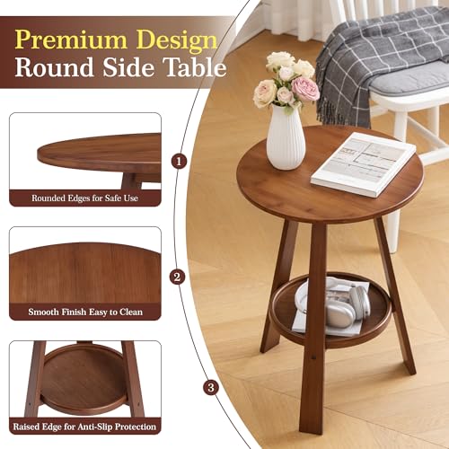 Brown 2-Tier Bamboo Round Side Table - Mid-Century Modern End Table