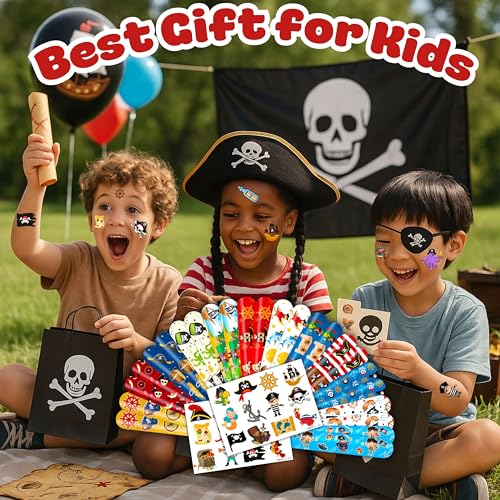 48PCS Pirate Party Set - 24PCS Temporary Tattoos & 24PCS Slap Bracelets - Treasure Hunt-Themed Birthday Supplies, Baby Shower Gifts, Classroom Rewards & Party Decor for Kids (Boys & Girls)