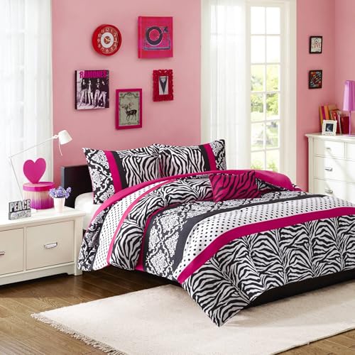 Pink Zebra Twin XL Comforter Set - Polka Dot & Damask Bedding 3pc