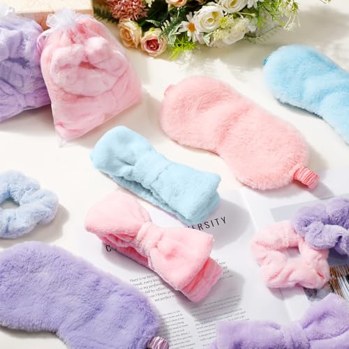 Spa Party Favor Set with Headbands Eye Masks Scrunchies & Bags - Pink, Blue, Purple