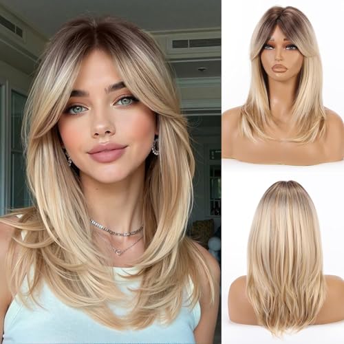 Allbell Mixed Blonde Curtain Bangs Wig - Medium Length Layered Synthetic Hair