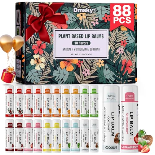 88 Pack Fruit Lip Balm Set - Natural Moisturizing Balms for Dry Lips, 10 Flavors - Bulk
