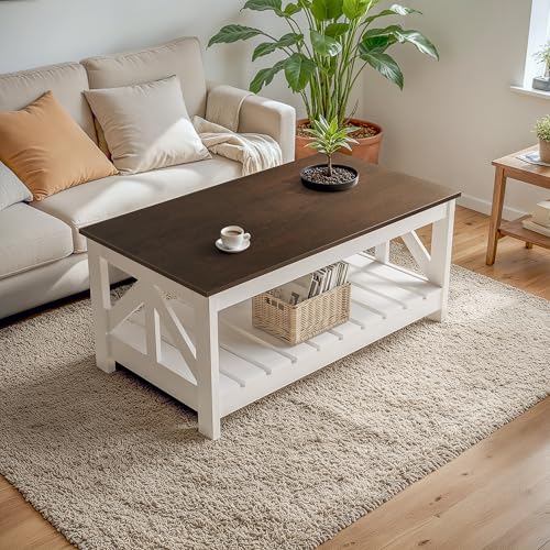 YESHOMY Farmhouse Coffee Table with Storage - Brown & White Rectangular