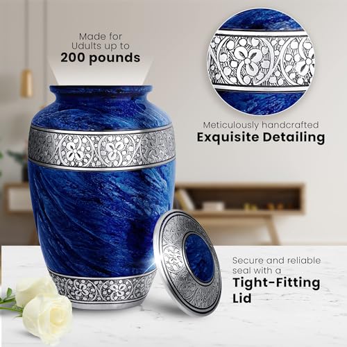 Blue Adult Cremation Urn - Large Memorial Funeral Burial Container with Threaded Lid