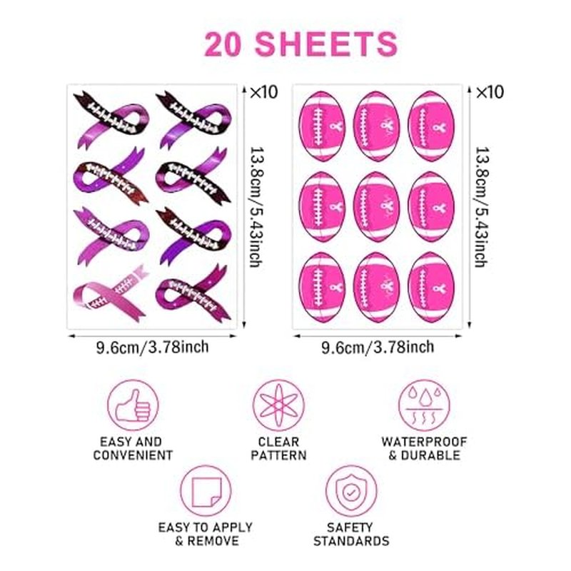 20 Sheets Pink Out Football Breast Cancer Awareness Temporary Tattoos Stickers,170 Pieces Pink Football Ribbon Themed Tattoos Stickers Party Decoration Supplies favors for Kids Adults