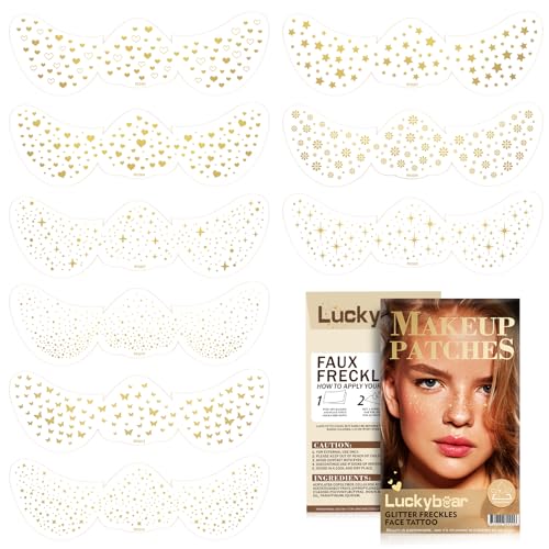 9 Style Set Glitter Face Tattoo Gold Glitter Freckles Makeup Patches, Sparkle Temporary Tattoo Gold Speckles Waterproof Faux Fake Freckle for Dance Music Party Makeup