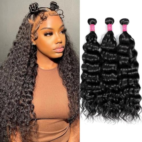 Water Wave Human Hair Bundles for Black Women - Natural Water Wave Pattern, 16/18/20 Inch, Black - Quick Weave Hair Extensions