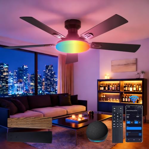 52-Inch Black RGB Flush Mount Ceiling Fan with Lights - Smart Control