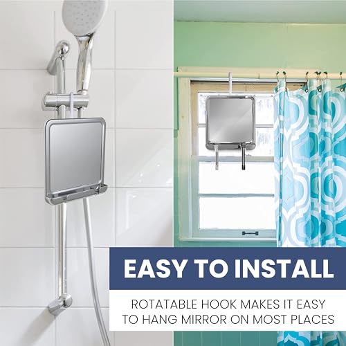 Fogless Shower Mirror with Real Glass & Adjustable Hook - 8x7 Inches Chrome