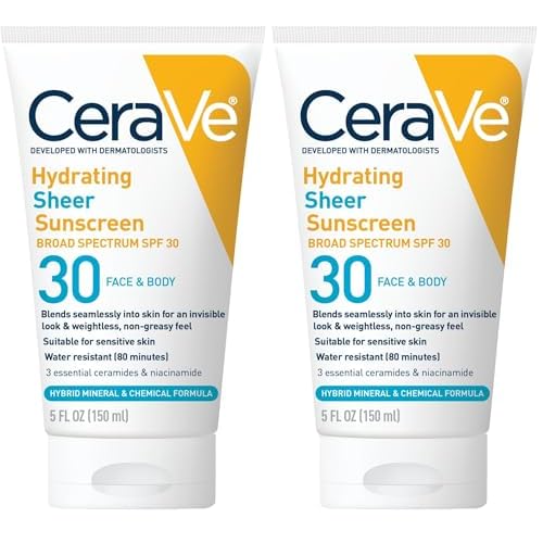 CeraVe Hydrating Sheer Sunscreen with SPF 30 for Face and Body,Mineral&Chemical Sunscreen for Men&Women with Zinc Oxide,Hyaluronic Acid and Ceramides,Paraben-Free + Fragrance-Free,5 Ounces,(Pack of 2)