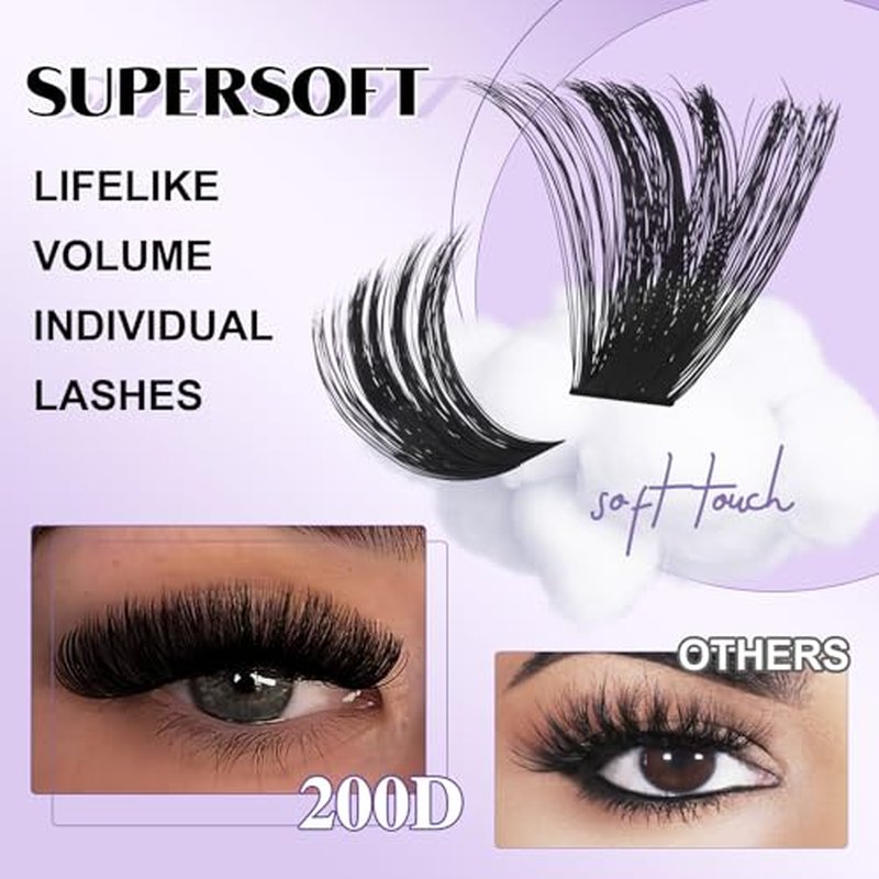 B&Q Fluffy Lash Clusters Thick 200D, Volume Eyelash Clusters 10-18mm, D Curl Cluster Eyelash Extensions, Supersoft Individual Lashes Wispy Cluster Lashes Dramatic Full Look Eyelash£¨200D£©