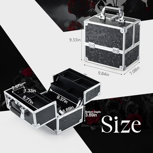 Black Floral Makeup Train Case with 4 Trays & Lockable Storage - Portable Organizer for Beauty Tools