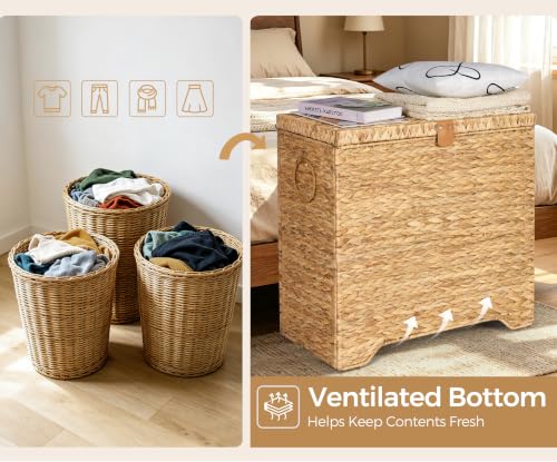 Water Hyacinth Laundry Hamper - 130L 3-Section Woven Storage Basket with Lid - Natural
