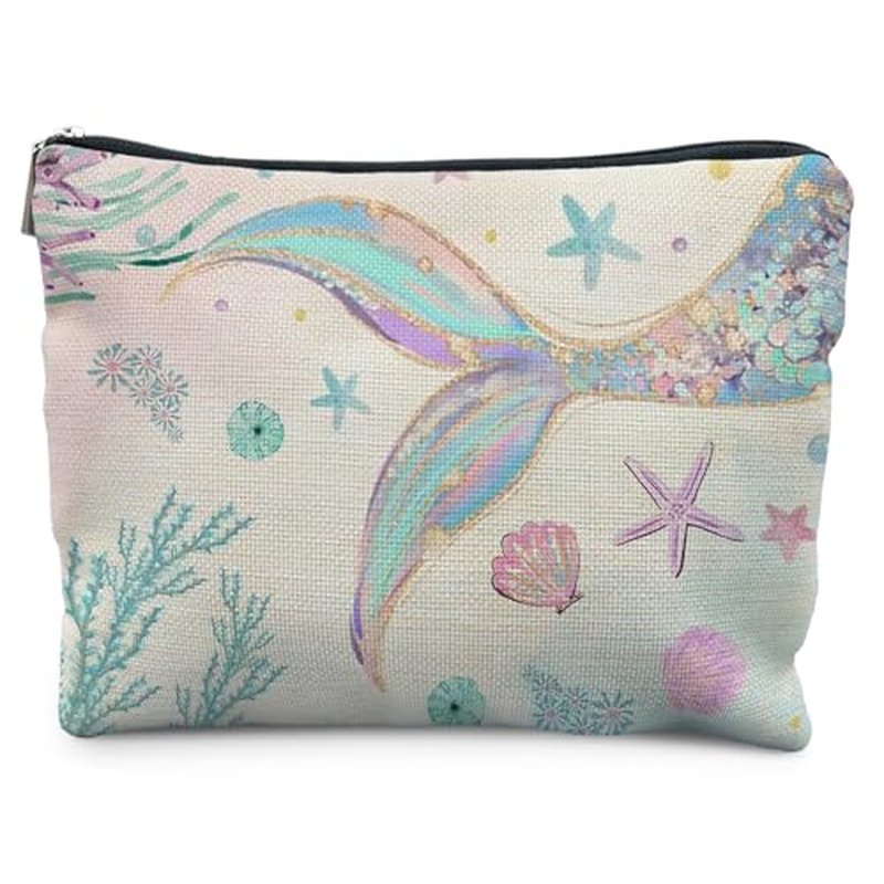 Mermaid Gifts for Women Girl, Mermaids Tail Makeup Bag Cosmetic Bag for Purse, Ocean Beach Coastal Makeup Zipper Pouch